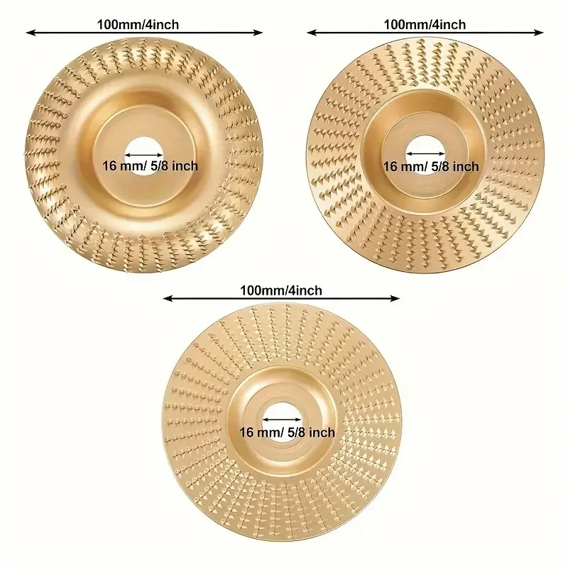 Set 4 discuri pentru prelucrarea lemnului, Zola, model 2 x plate, 1x concav si 1 x conic, diametru disc 100 mm, 15000 rpm, diametrul orificiilor discurilor16 mm, auriu Set 4 discuri pentru prelucrarea lemnului, Zola, model 2 x plate, 1x concav si 1 x conic, diametru disc 100 mm, 15000 rpm, diametrul orificiilor discurilor16 mm, auriu